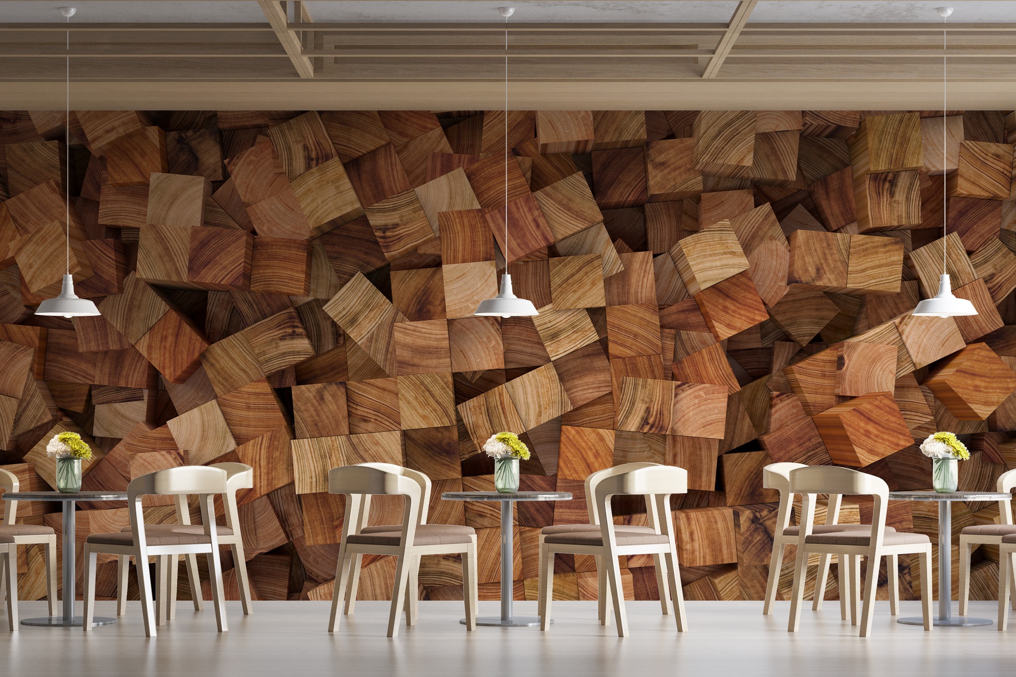 Wood Mosaic 3D Wallpaper - Cafe Interior Design